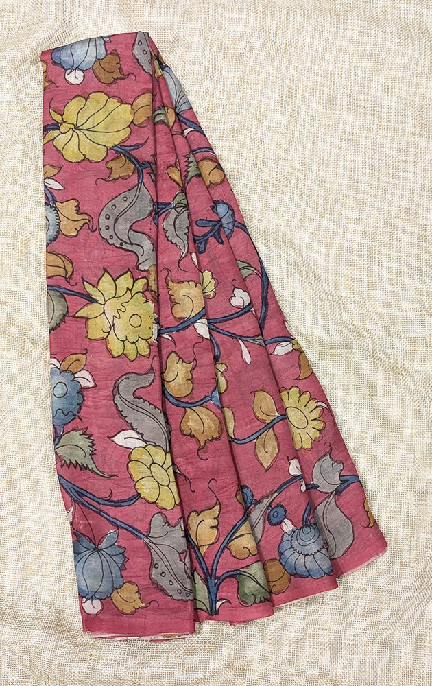 Pink tussar silk with handpainted pen kalamkari work