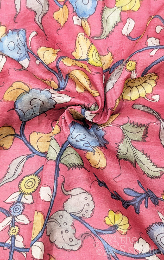 Pink tussar silk with handpainted pen kalamkari work