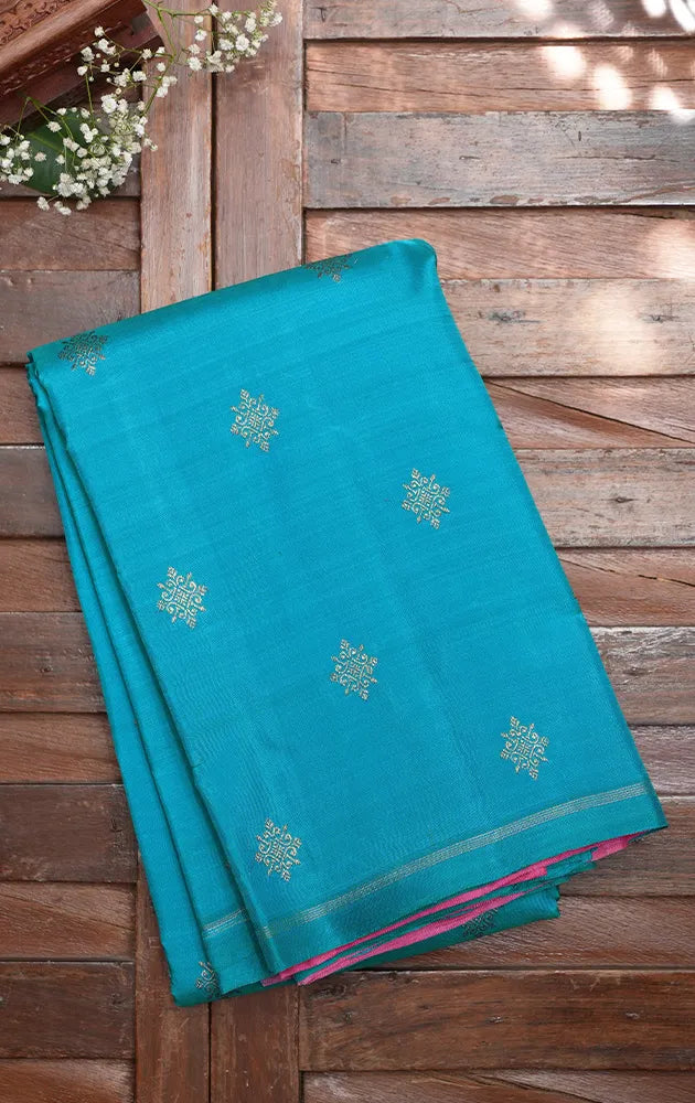 Anandha blue kanchipuram silk saree with kolam buttas