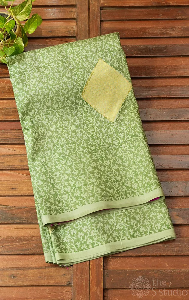 Elachi green digital printed kanjivaram silk saree with contrast pallu