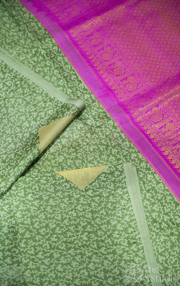 Elachi green digital printed kanjivaram silk saree with contrast pallu