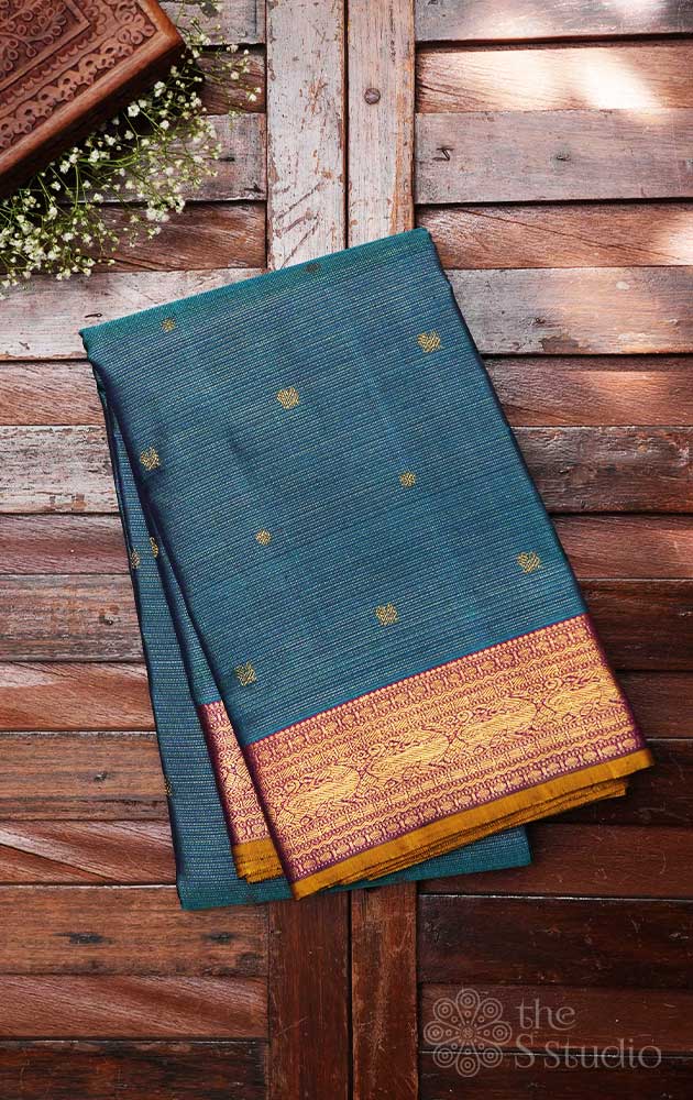 Rama blue vaira oosi kanchi silk saree with magenta pallu