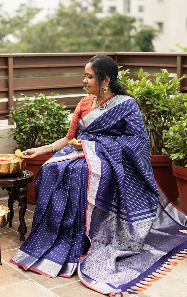 Navy bue kanchipuram silk saree with silver zari buttas