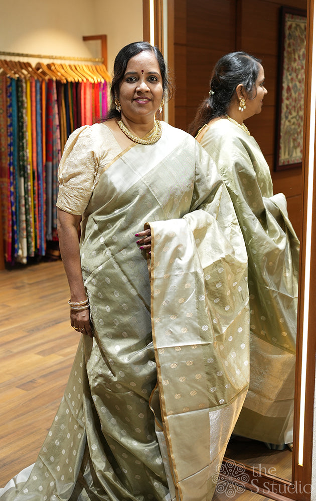 Greenish grey handloom chanderi silk saree with grey border