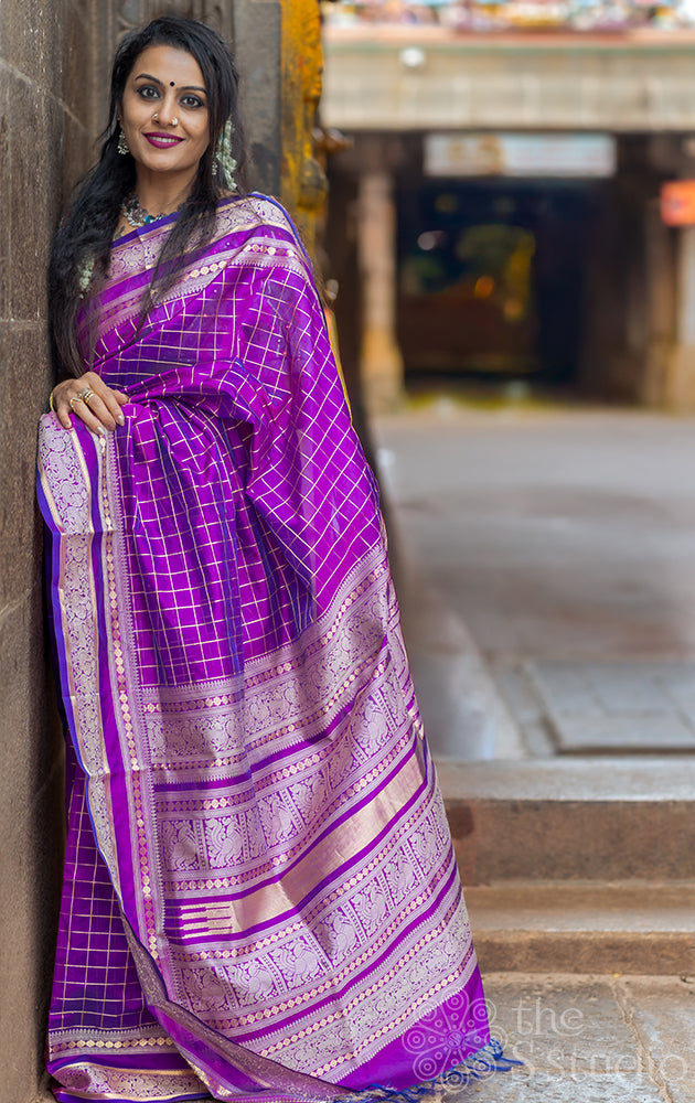 Purple zari checked silk cotton saree with threadwork pallu