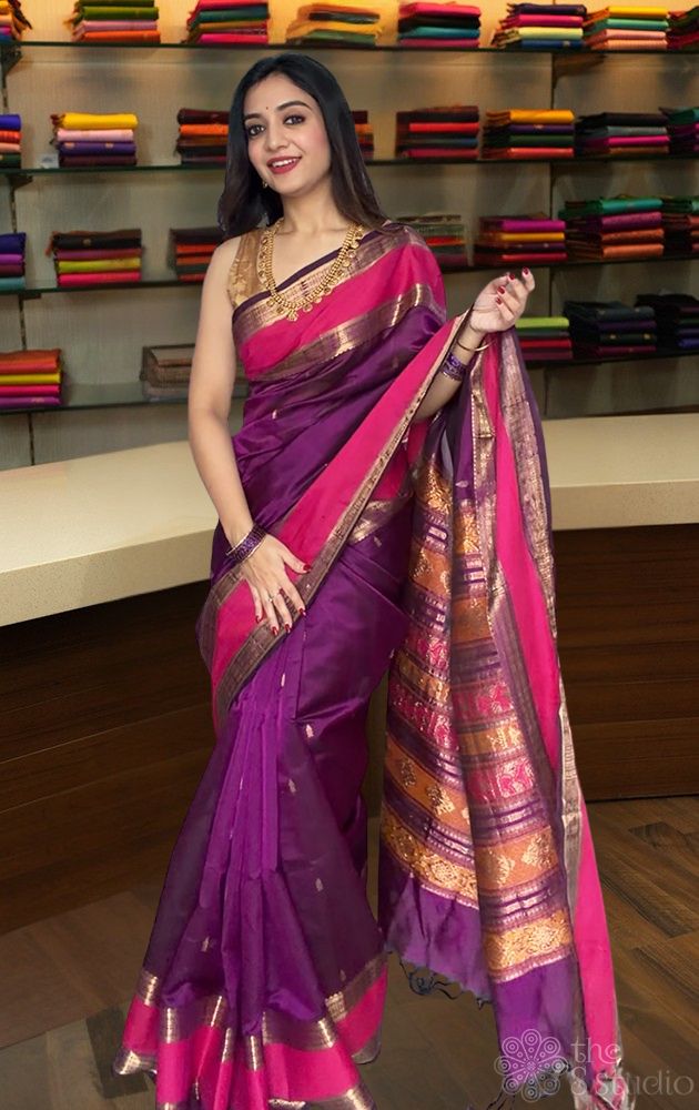 Purple fishpet silk cotton saree with rettaipet border
