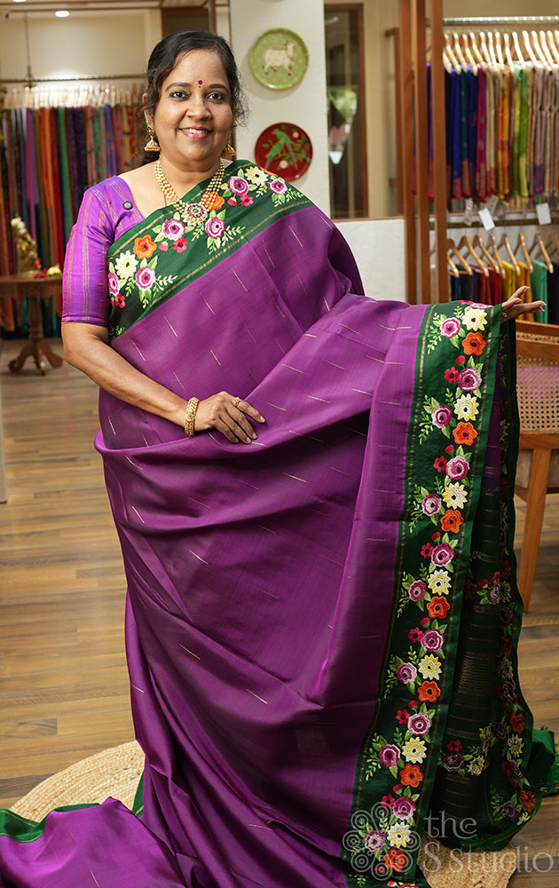 Purple kanchi silk saree with hand embroidery