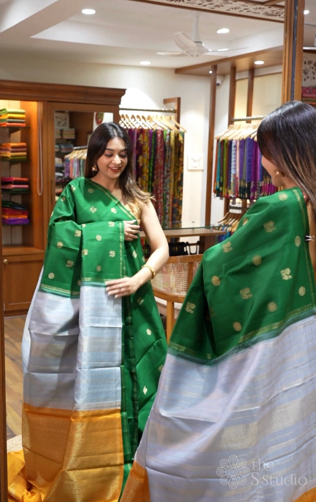 Green bird motifs kanchi silk with a double pallu
