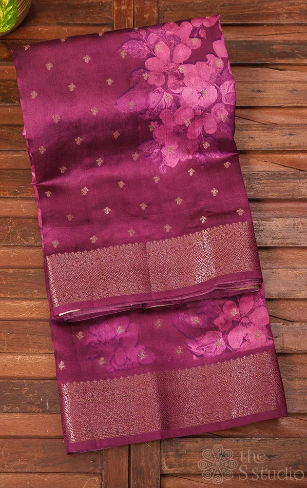Purple chiniya banarasi silk saree with floral prints