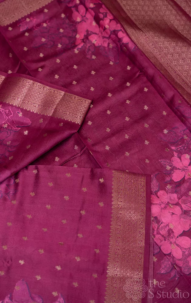 Purple chiniya banarasi silk saree with floral prints