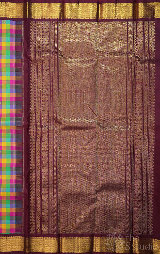 Multicolour checks kanchipuram silk saree with korvai brown border
