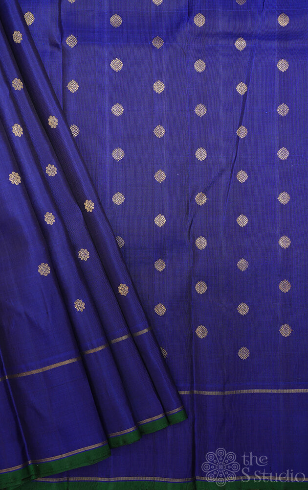 Royal blue kanchi silk saree with small zari motifs
