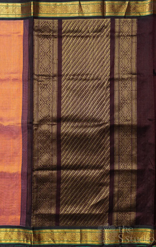 Peachish orange handloom korvai silk cotton saree with checks