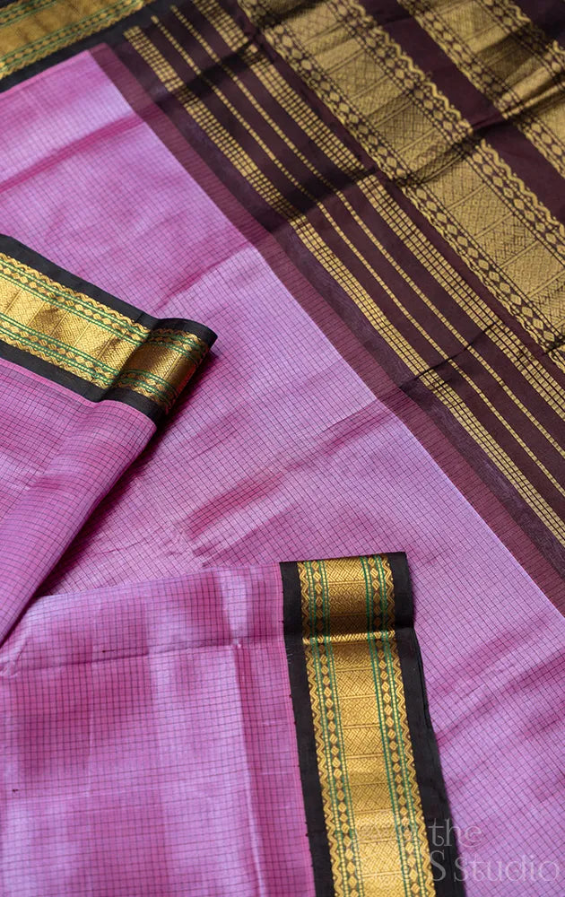 Light violet checked silk cotton saree with korvai border