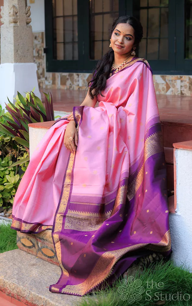 Onion pink kanchi silk saree with small korvai purple border