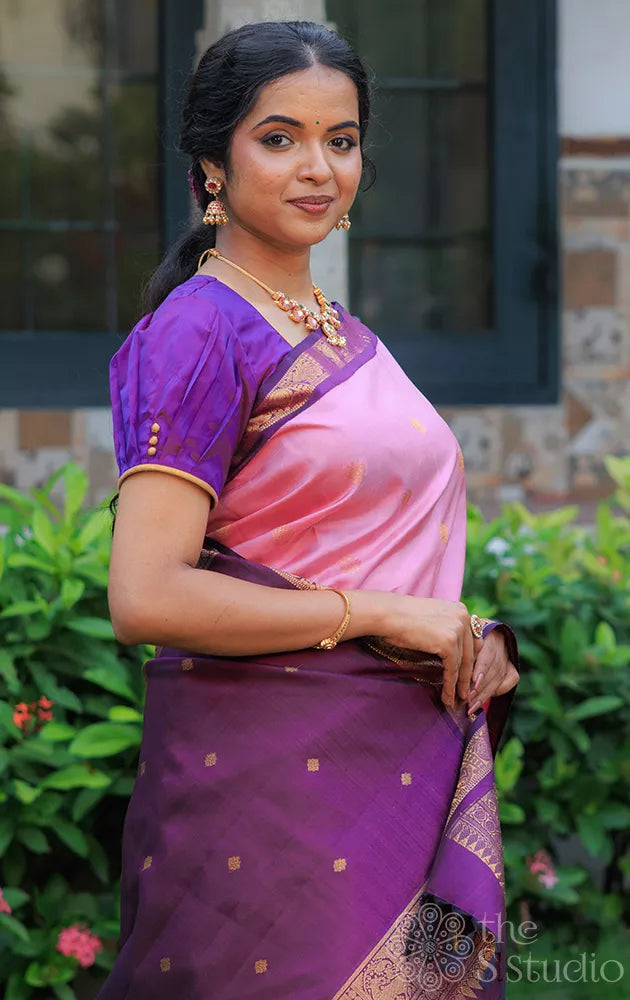 Onion pink kanchi silk saree with small korvai purple border