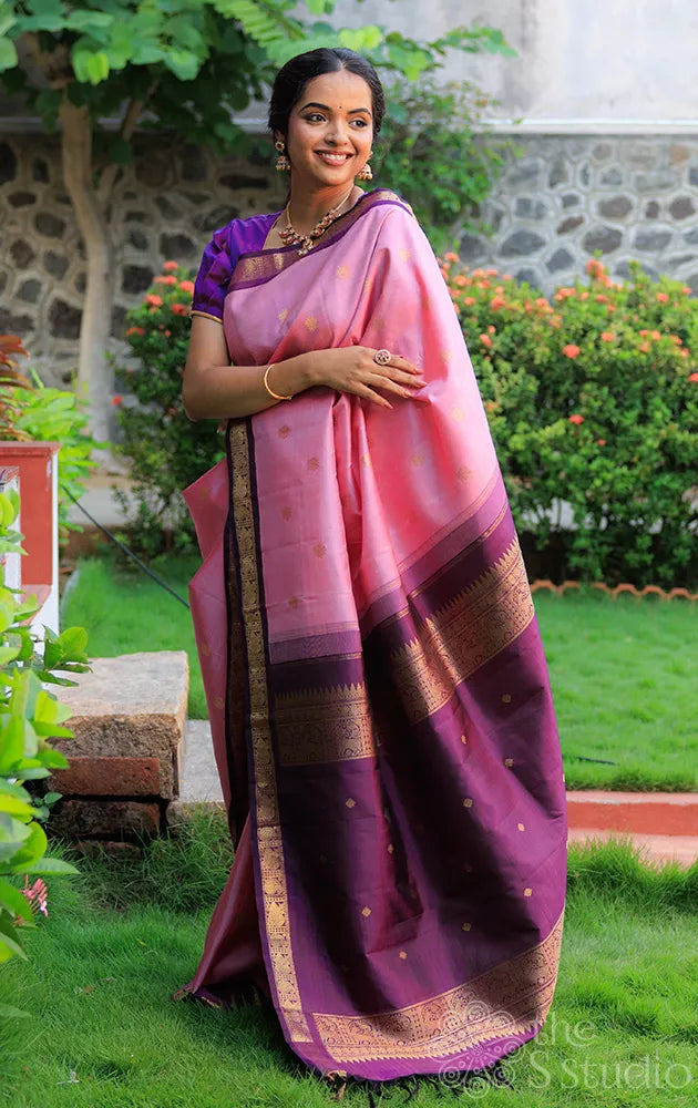 Onion pink kanchi silk saree with small korvai purple border