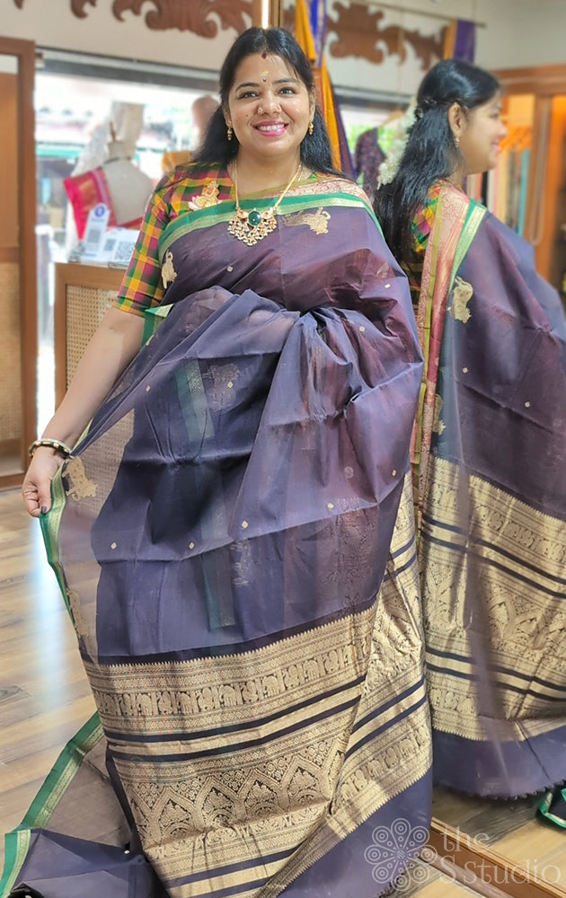 Dark brown handloom kanchi cotton saree with small border and rich pallu