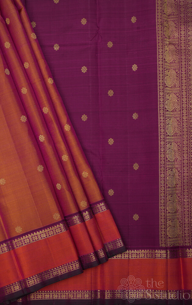 Peacish rose kanchipuram silk saree with purple rettai pet border