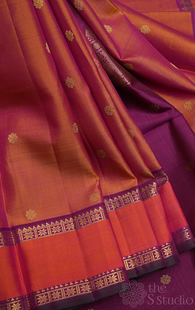 Peacish rose kanchipuram silk saree with purple rettai pet border