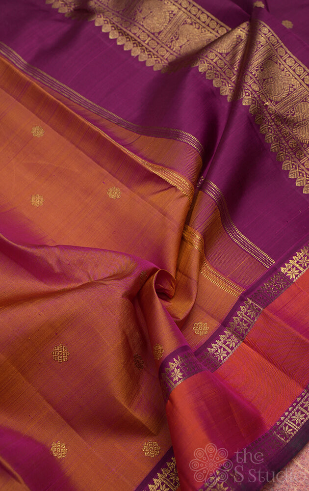 Peacish rose kanchipuram silk saree with purple rettai pet border