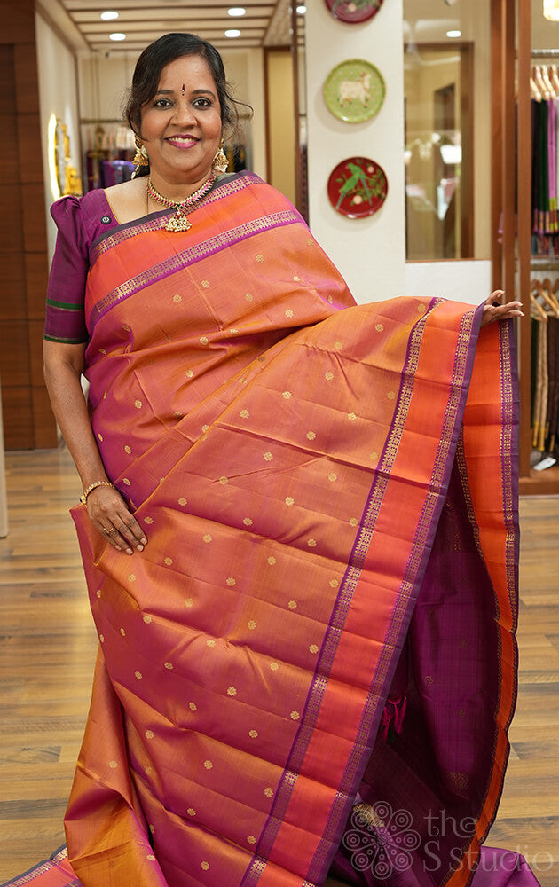 Peacish rose kanchipuram silk saree with purple rettai pet border