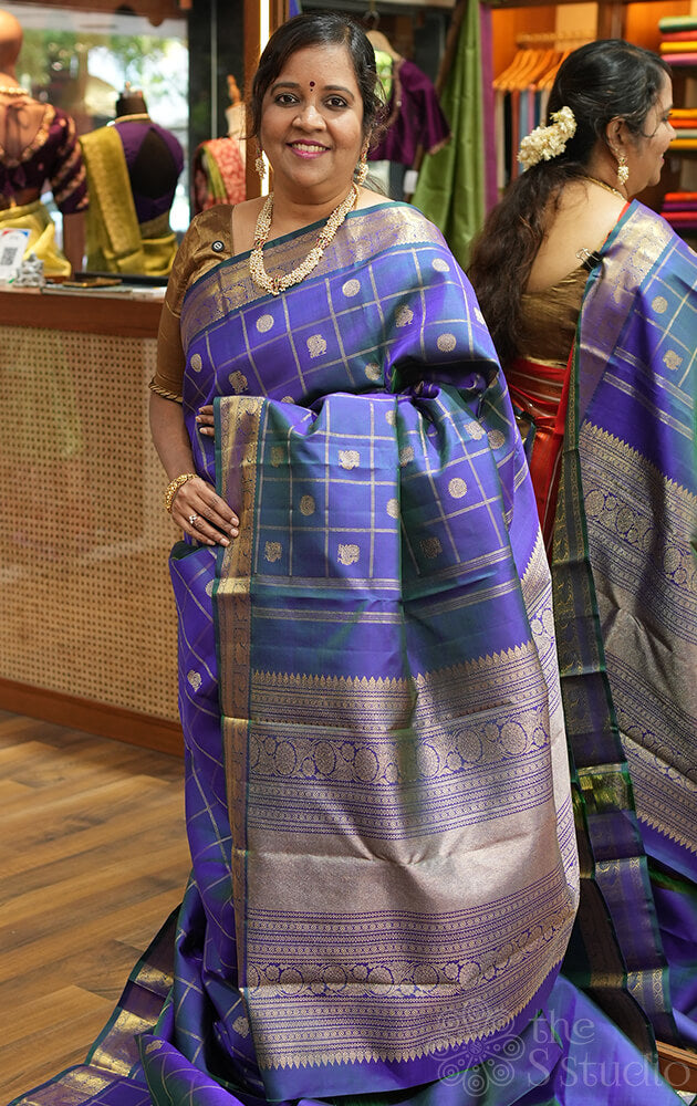 Peacock blue zari checked kanjivaram silk saree