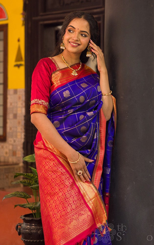 MS blue Kanchipuram silk saree with zari checks