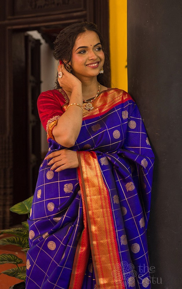 MS blue Kanchipuram silk saree with zari checks