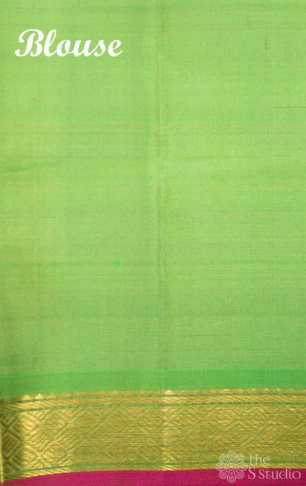 Mustard pen kalamkari hand painted kanchipuram silk saree with green pallu and small border