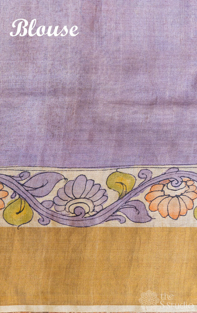 Off white tussar silk saree with light violet hand painted kalamkari
