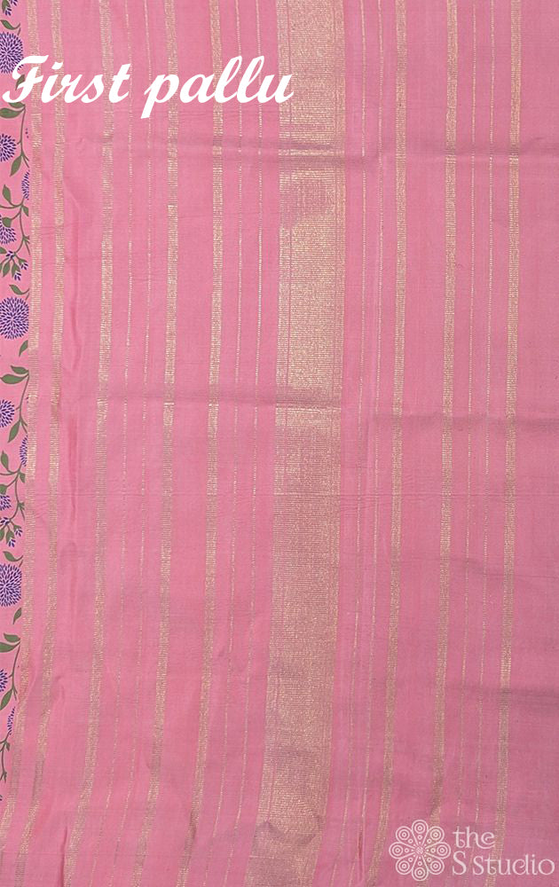 Light pink and violet reversible kanchipuram silk saree with prints