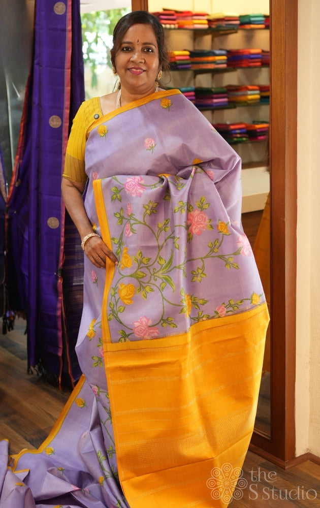 Lavendar digital printed kanchipuram silk saree with mustard pallu