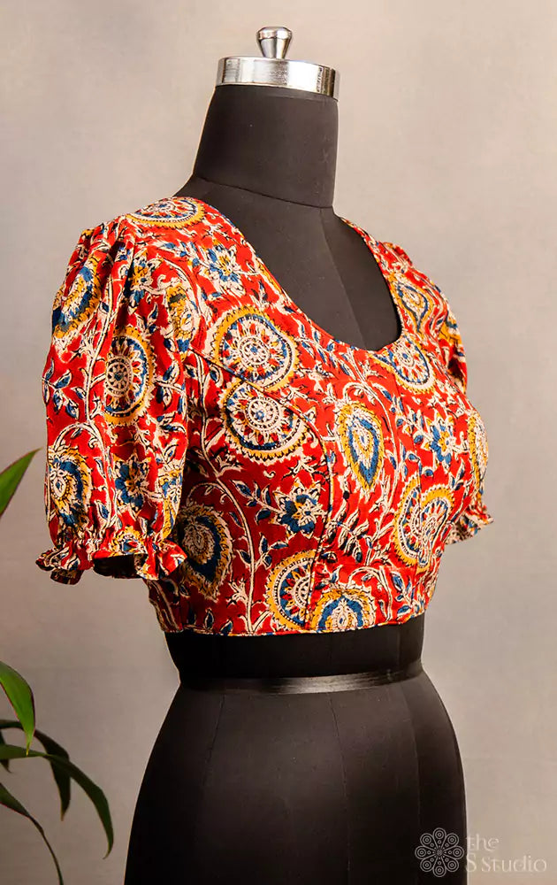 Maroon printed cotton  blouse with neck pattern