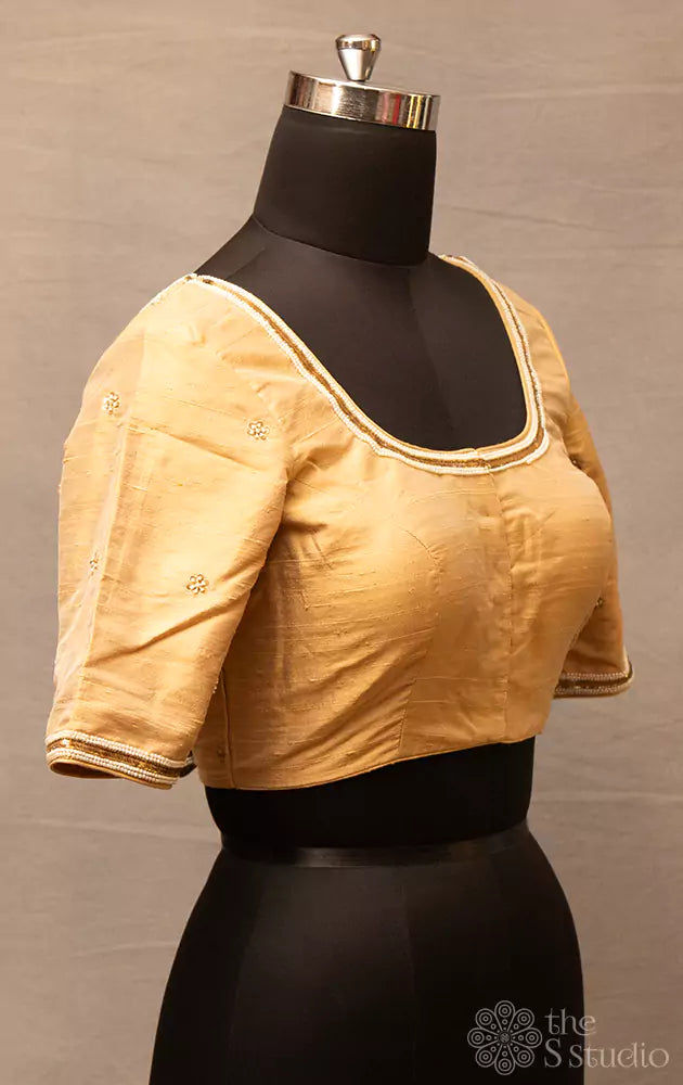 Golden beige hand embroidered silk blouse with neck pattern