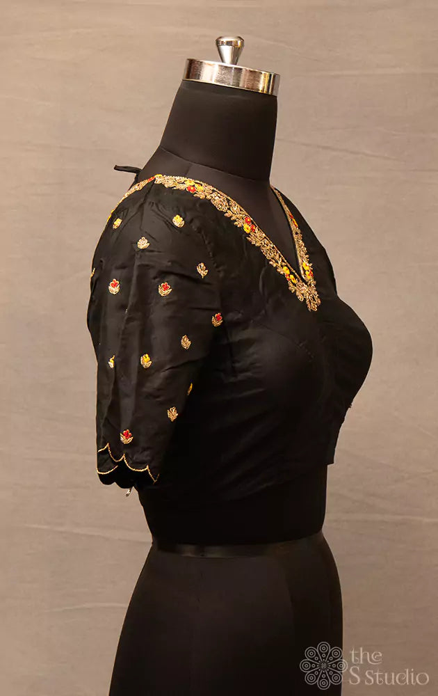 Black hand  embroidered silk blouse with neck pattern