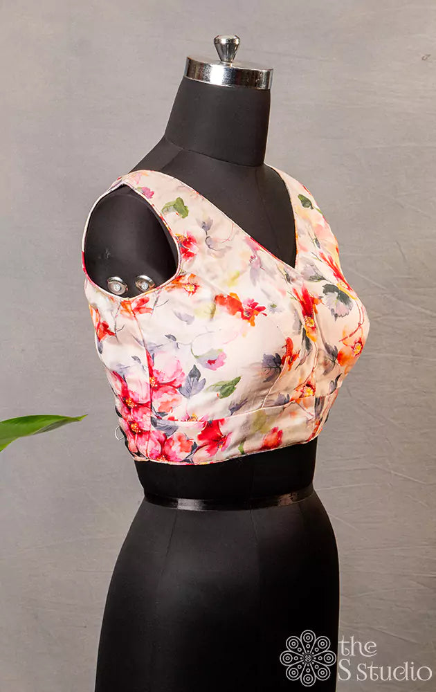 Light pink floral printed sleeveless semi silk readymade blouse