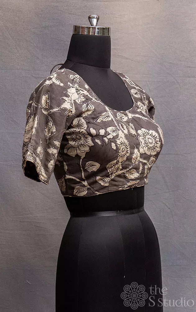 Black pen kalamkari hand painted silk ready made blouse with kantha embroidery