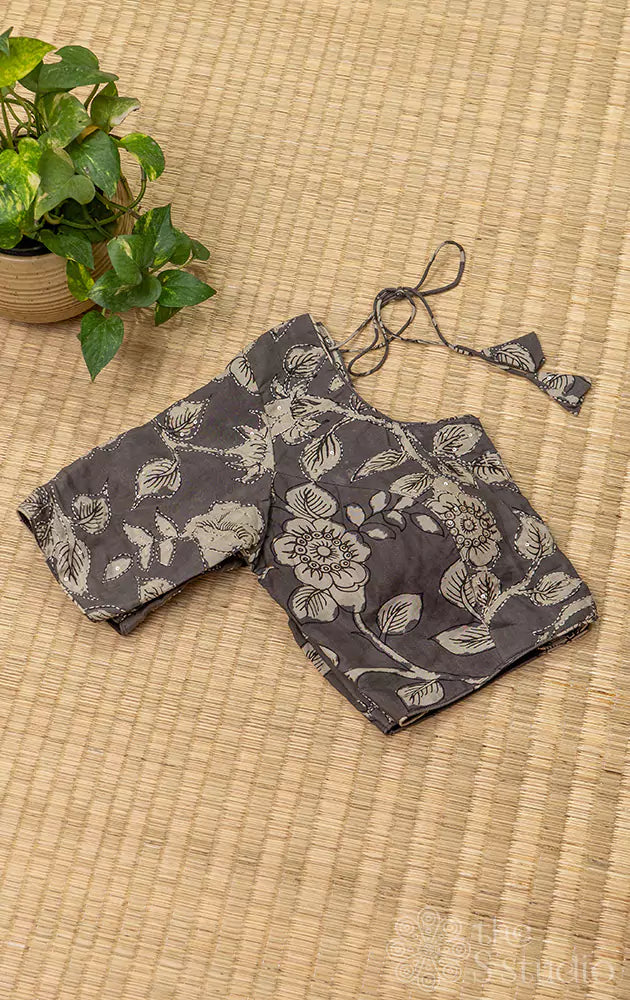 Black pen kalamkari hand painted silk ready made blouse with kantha embroidery