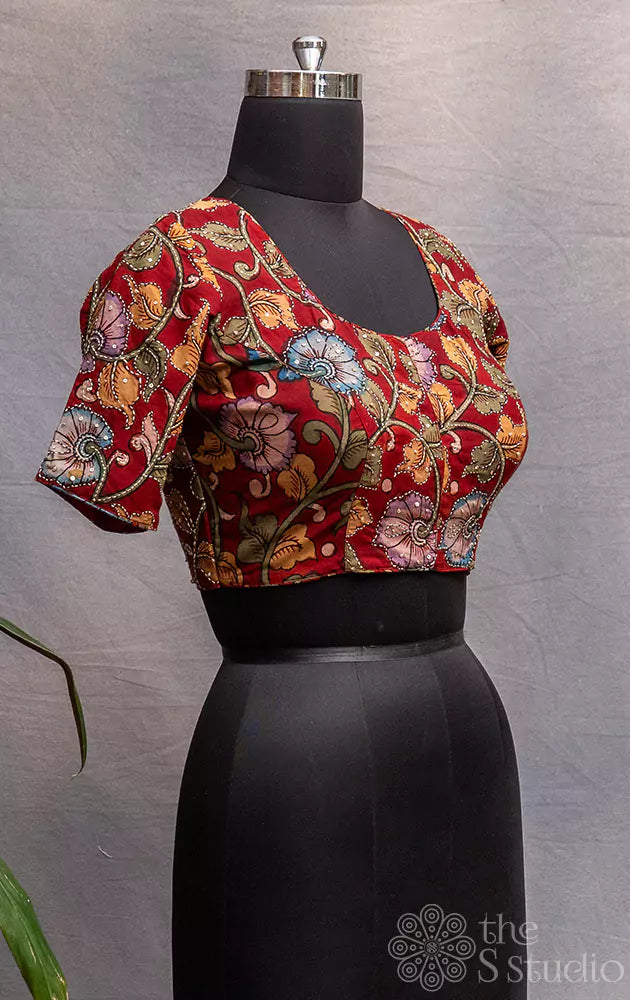 Maroon pen kalamkari hand painted silk blouse with kantha embroidery