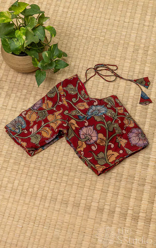 Maroon pen kalamkari hand painted silk blouse with kantha embroidery