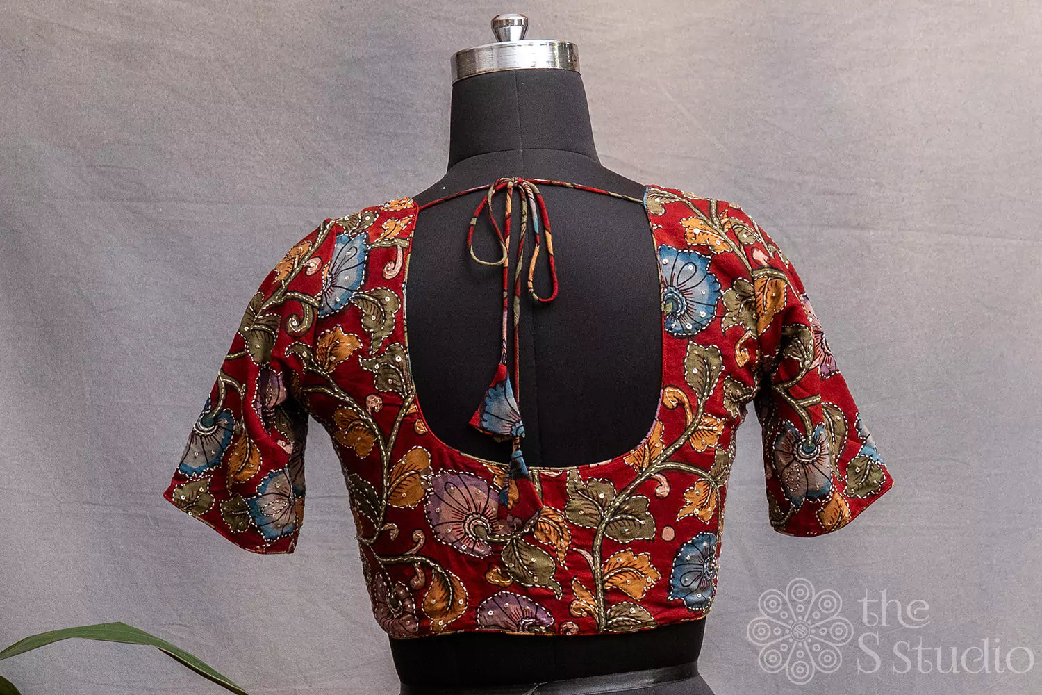 Maroon pen kalamkari hand painted silk blouse with kantha embroidery