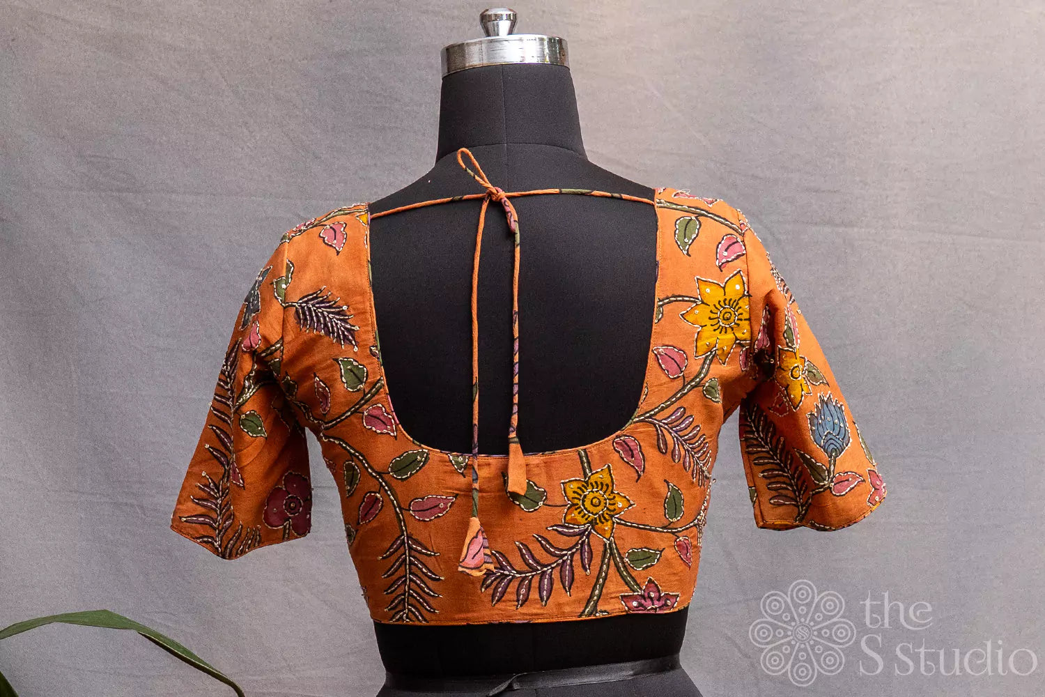 Rust pen kalamkari hand painted silk blouse with kantha embroidery