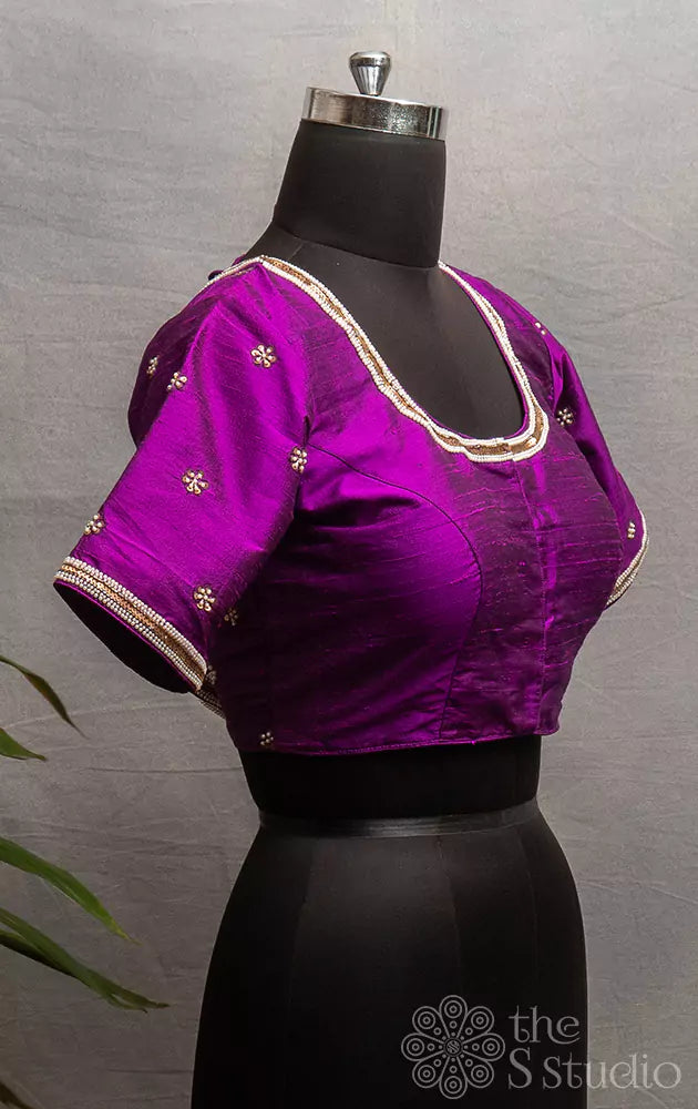 Purple embroidered raw silk blouse with neck pattern