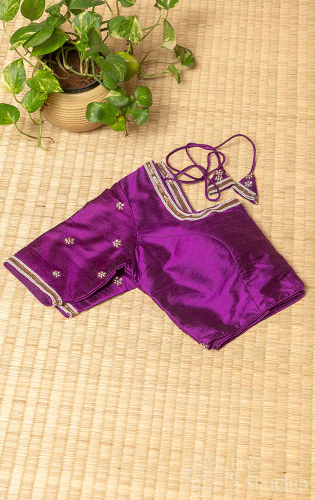 Purple embroidered raw silk blouse with neck pattern