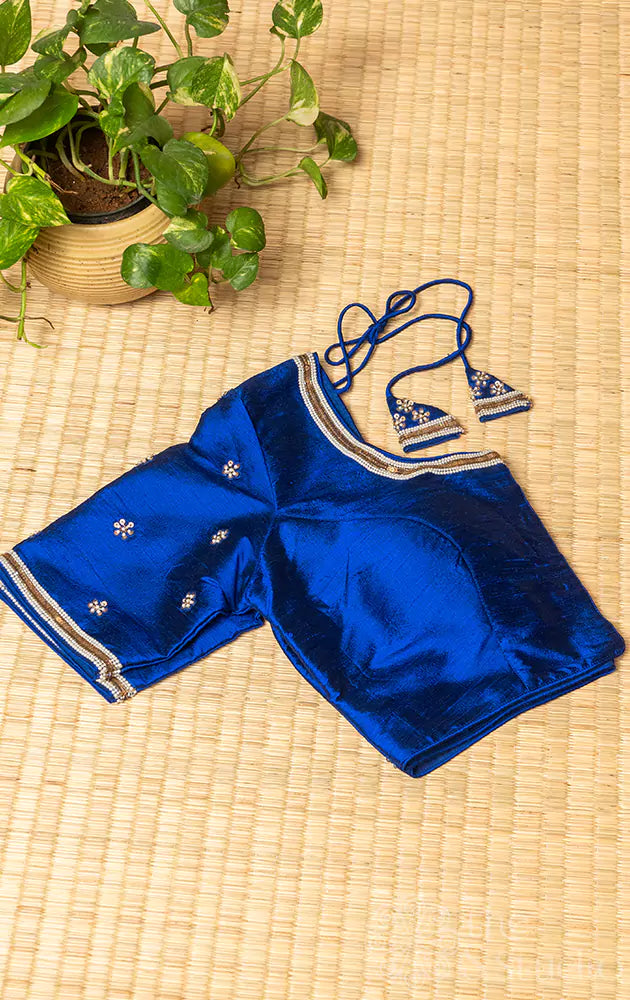 Royal blue hand-embroidered raw silk blouse