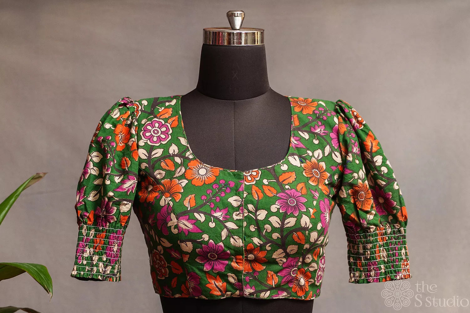 Green kalamkari printed cotton readymade blouse