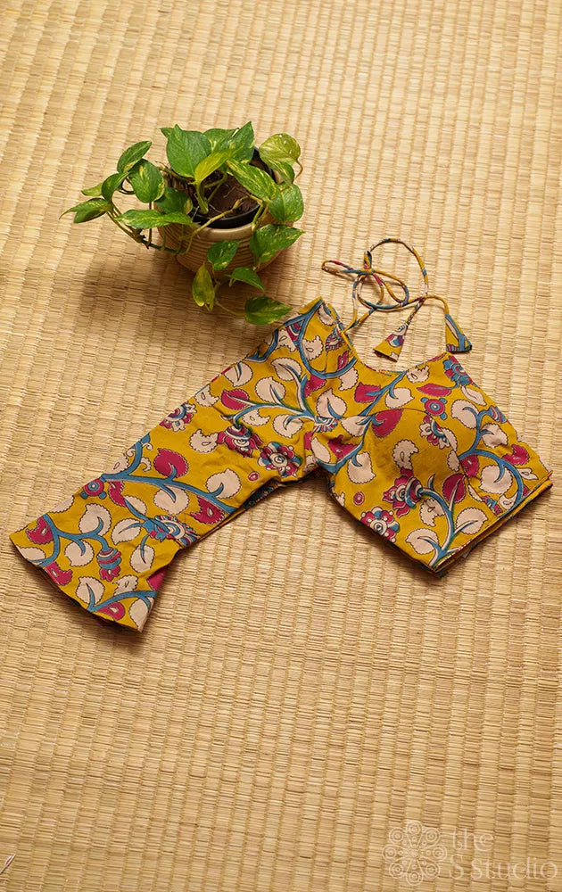 Mustard yellow kalamkari printed cotton readymade blouse