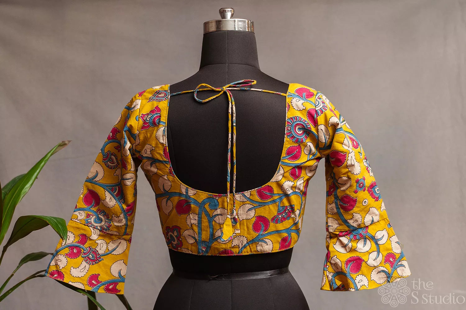 Mustard yellow kalamkari printed cotton readymade blouse
