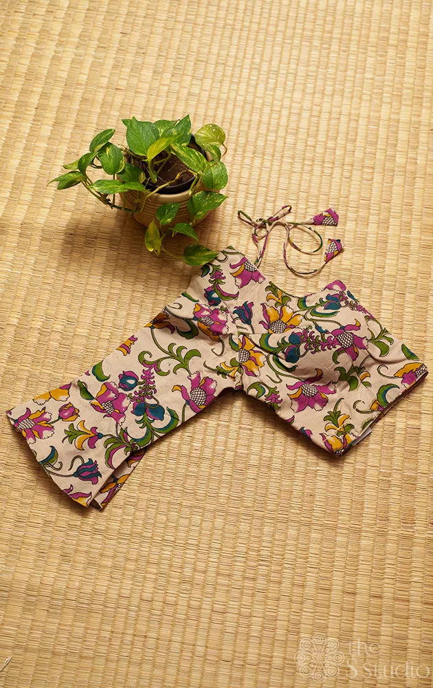 Off white kalamkari printed cotton readymade blouse